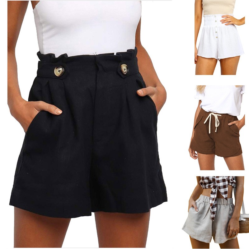 Short Linen Drawstring - Summer Women Shorts Cotton Linen High