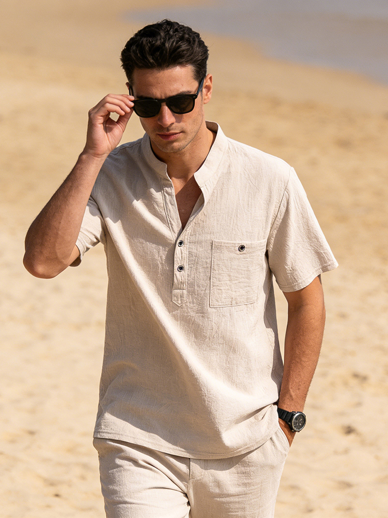 Men's Cotton Linen Henley Shir - Linen Shirt Breathable avis et prix