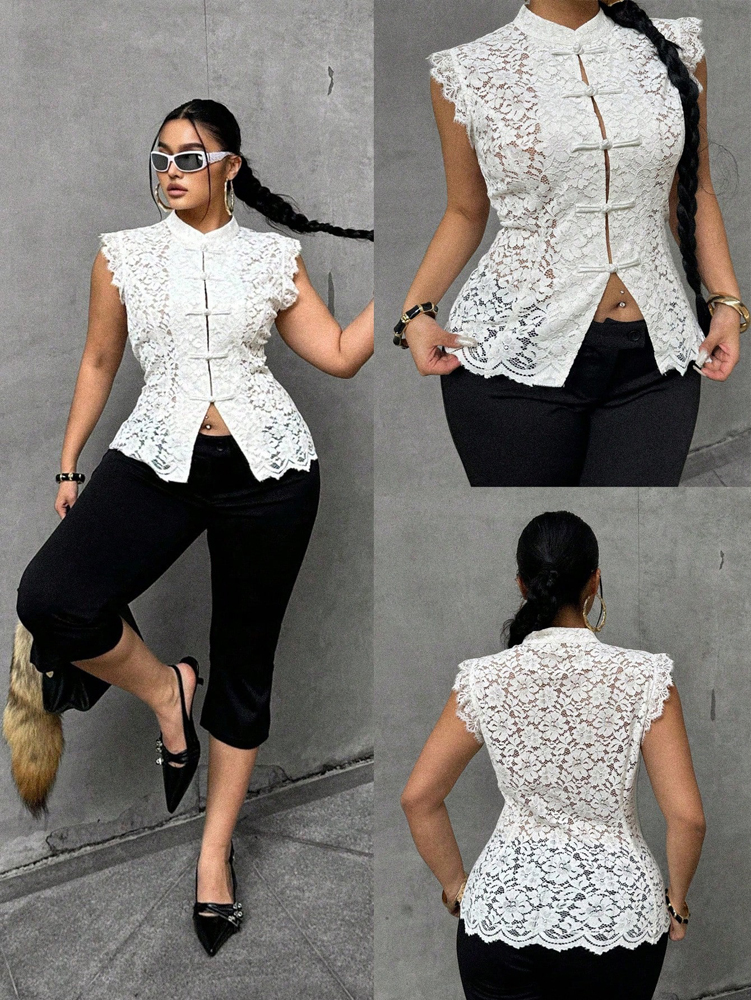 Plus Size Elegant Lace Blouse, - Shirt Camp Collar avis et prix