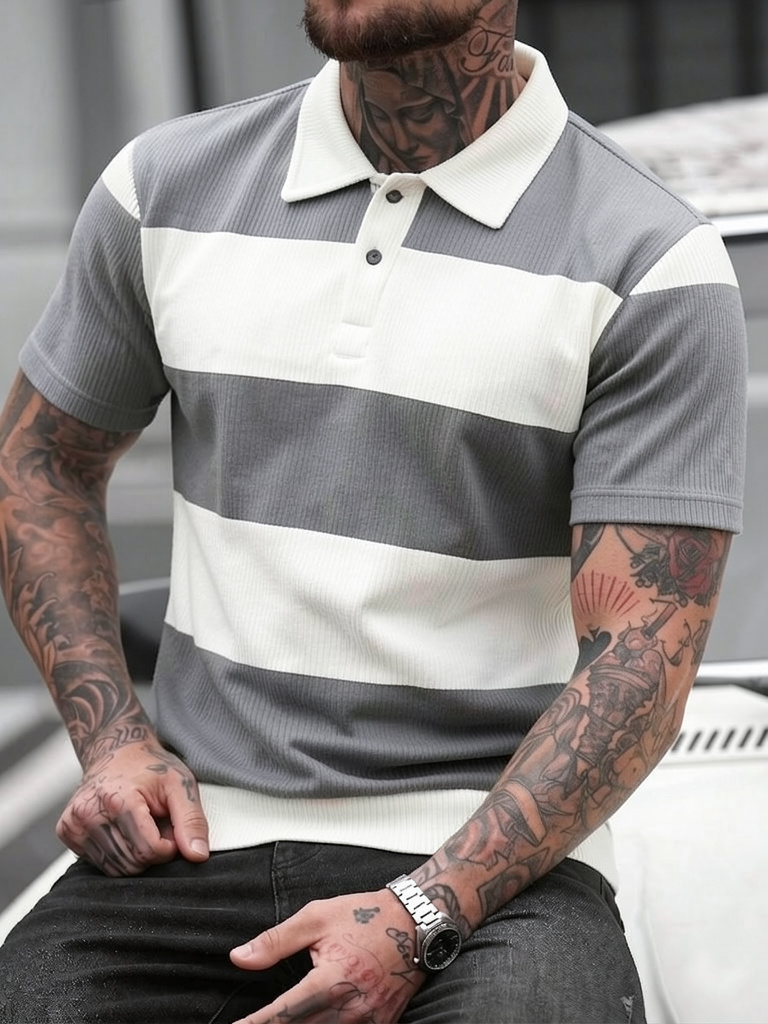 Men's Summer Gray-White Stripe - Polo Shirt Pique avis et prix