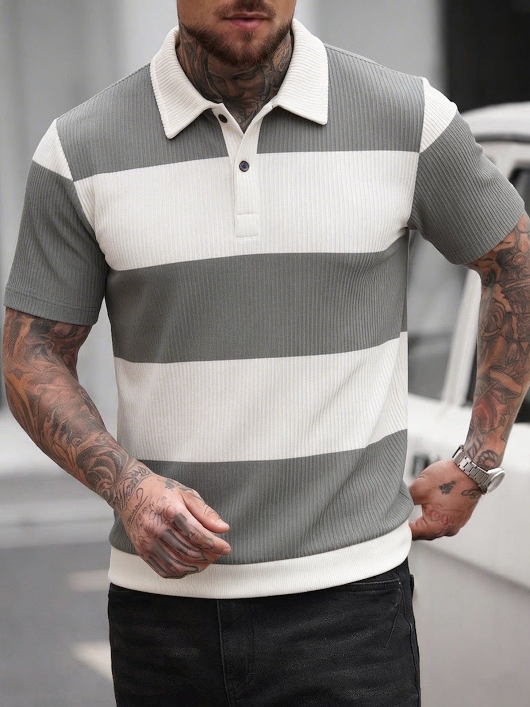 Men's Summer Gray-White Stripe - Polo Shirt Pique avis et prix