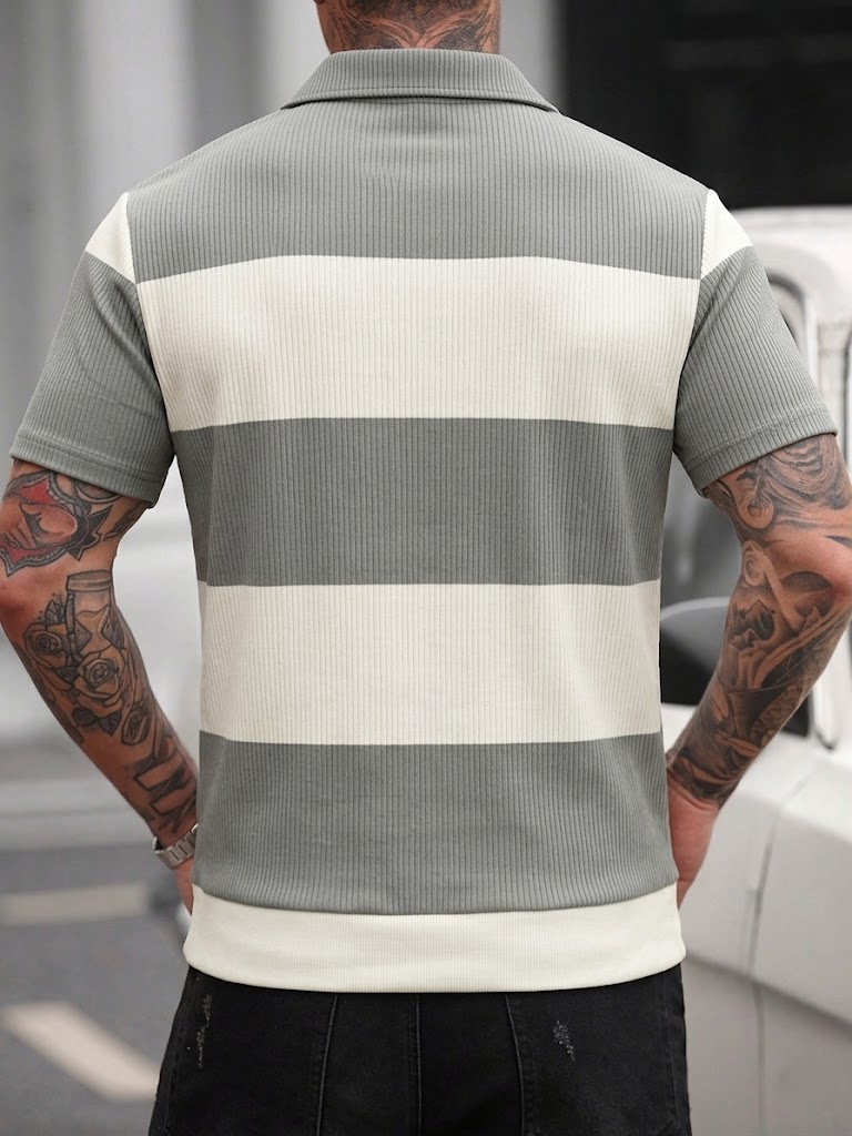 Men's Summer Gray-White Stripe - Polo Shirt Pique avis et prix