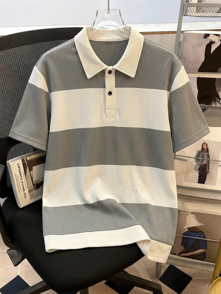 Men's Summer Gray-White Stripe - Polo Shirt Pique avis et prix