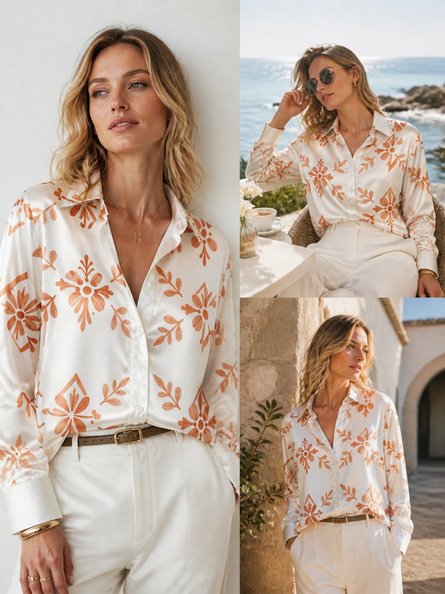 Cream Orange Floral Satin Blou - Resort Shirt Floral avis et prix