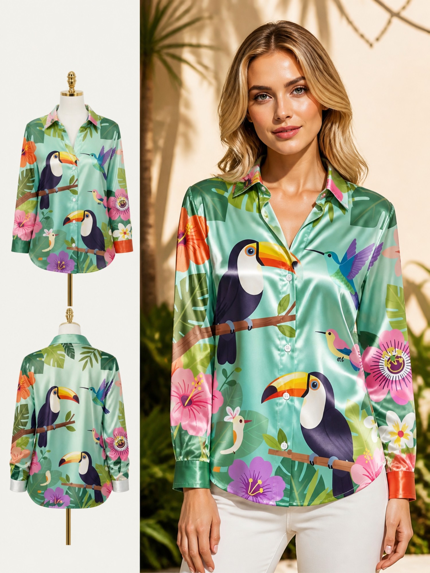 Mint Toucan Satin Button Shirt - Resort Shirt Floral avis et prix