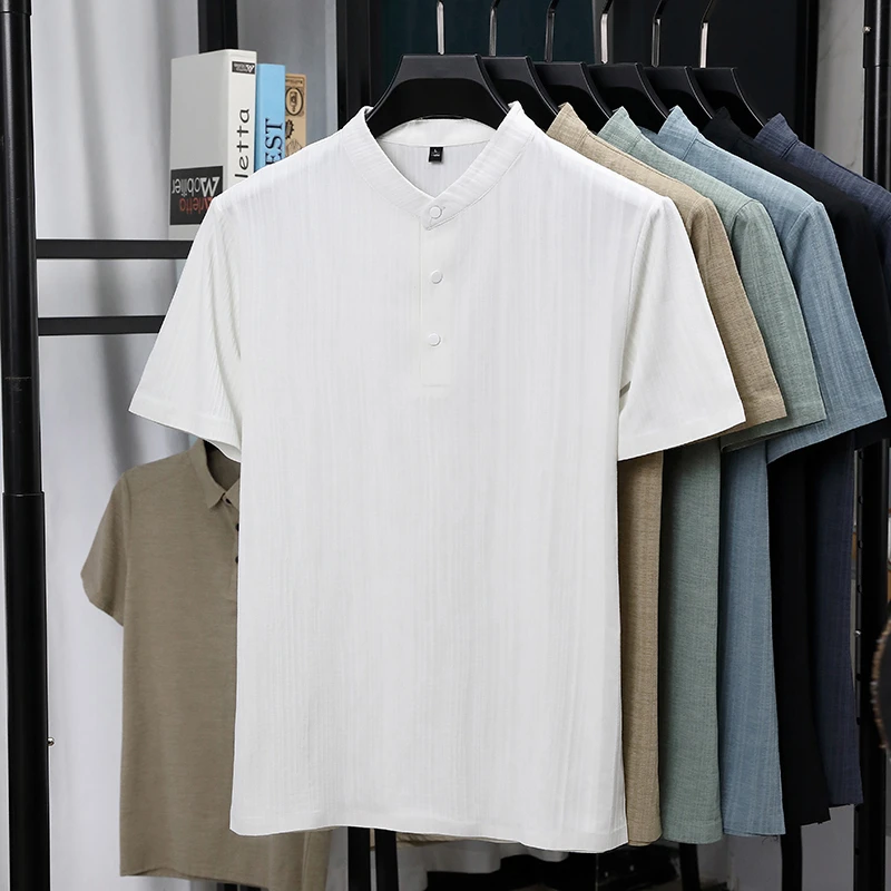 Mens Mandarin Collar Half Plac - Linen Shirt Breathable avis et prix