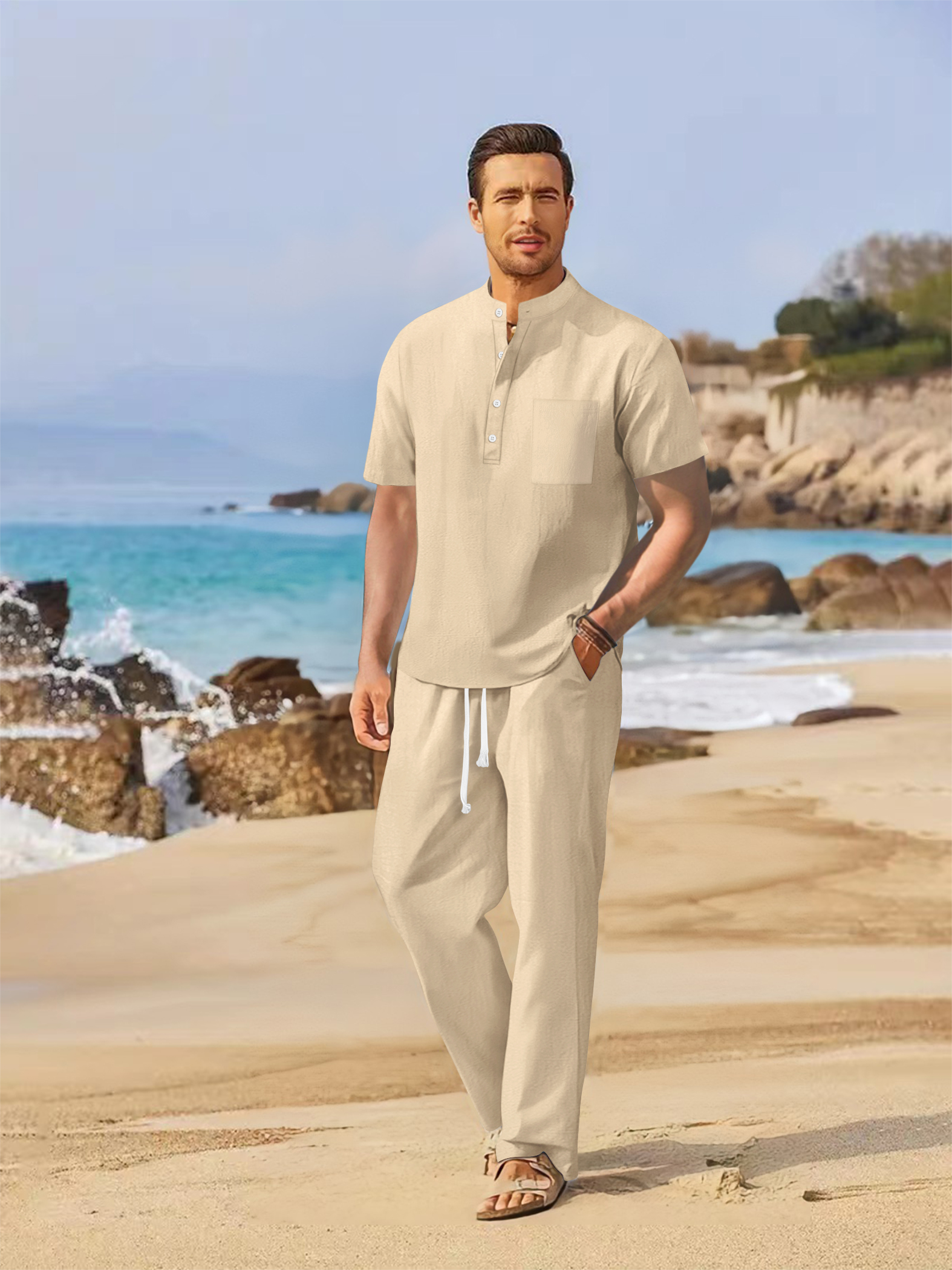 Summer men's cotton and linen  - Short Linen Drawstring avis et prix