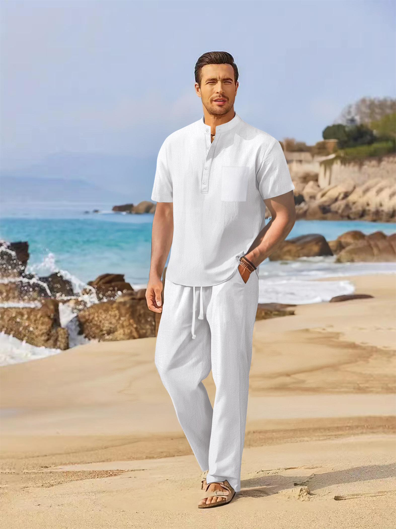 Summer men's cotton and linen  - Short Linen Drawstring avis et prix