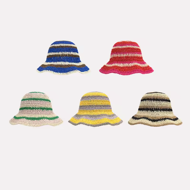 New Striped Knitted Straw Croc - Bucket Hat Straw avis et prix