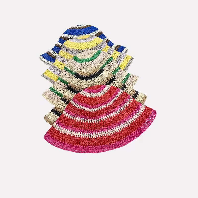 New Striped Knitted Straw Croc - Bucket Hat Straw avis et prix