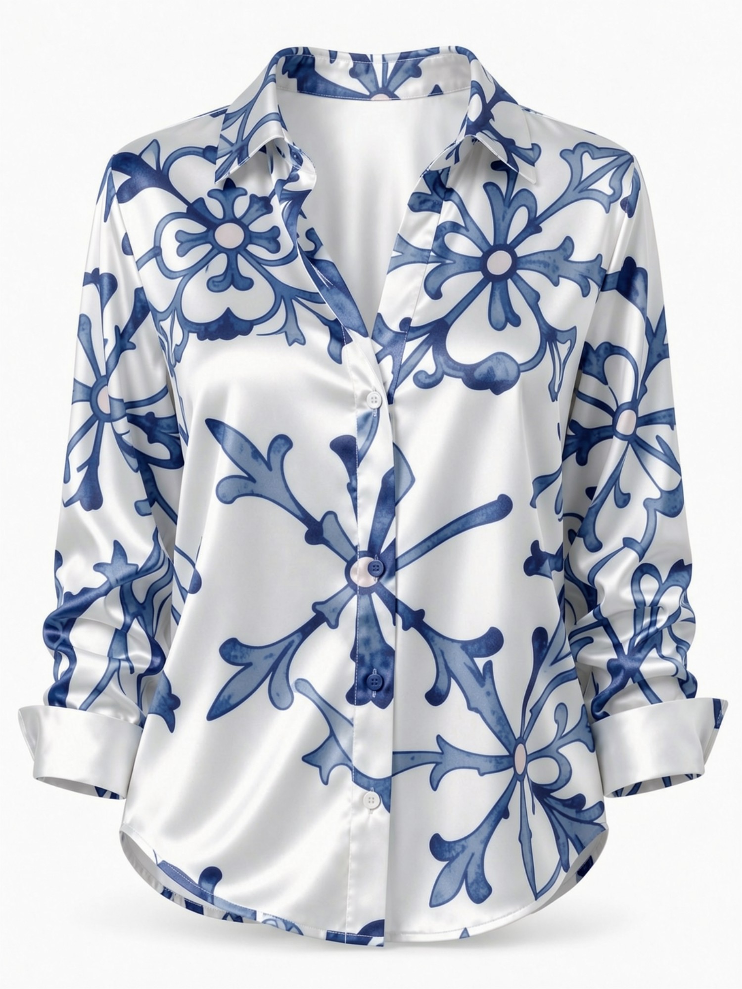 Blue Porcelain Floral Satin Bl - Resort Shirt Floral avis et prix