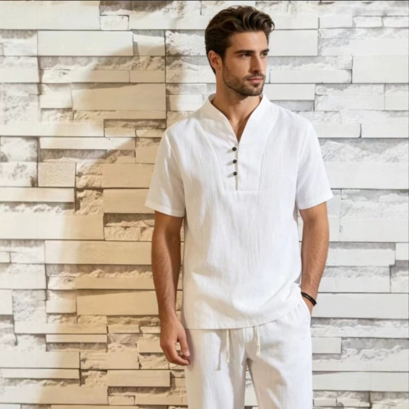 Men's Linen Cotton 2-Piece Set - Short Linen Drawstring avis et prix