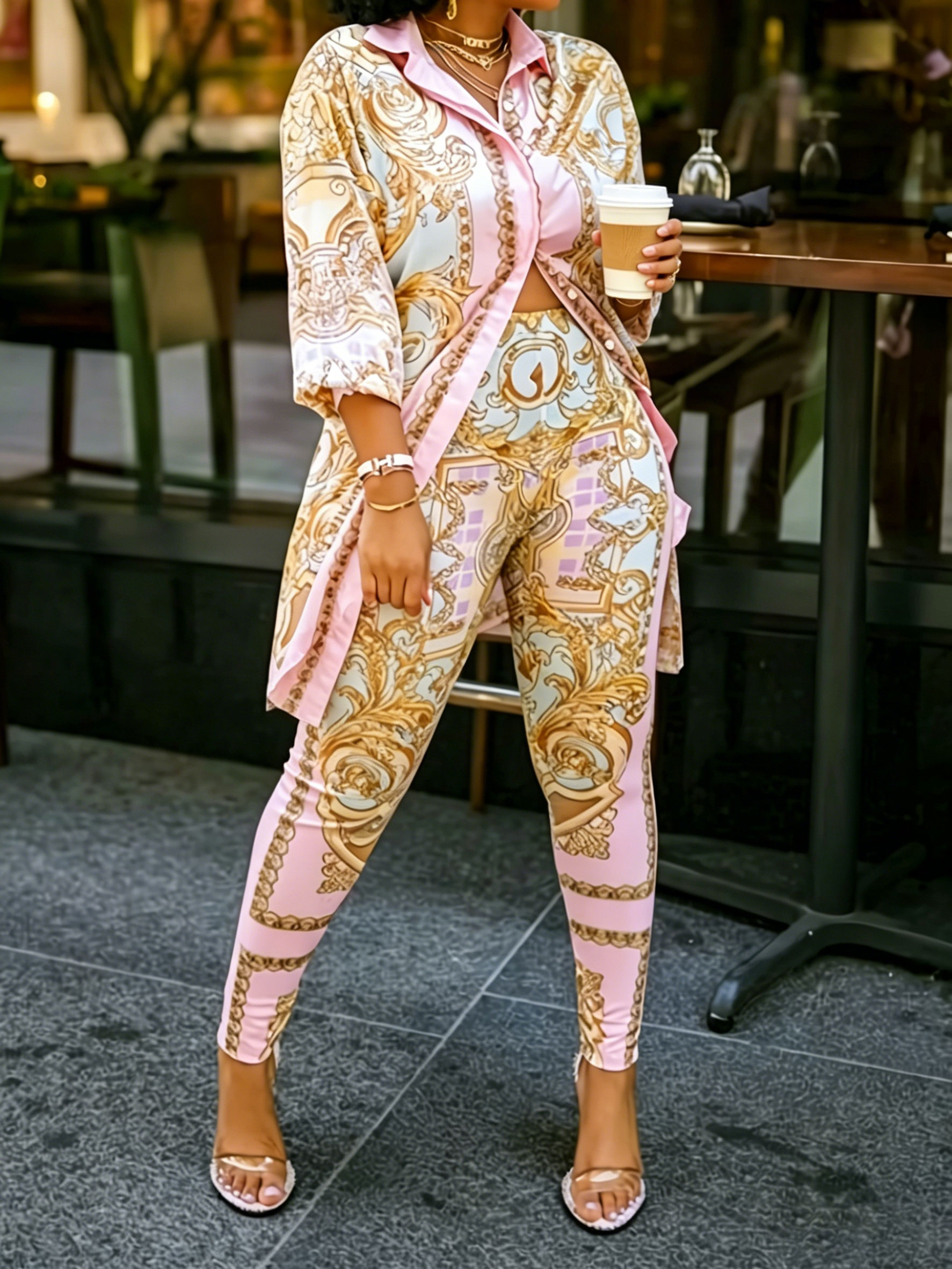Women 2 Piece Set Ornate Print - Shirt Camp Collar avis et prix