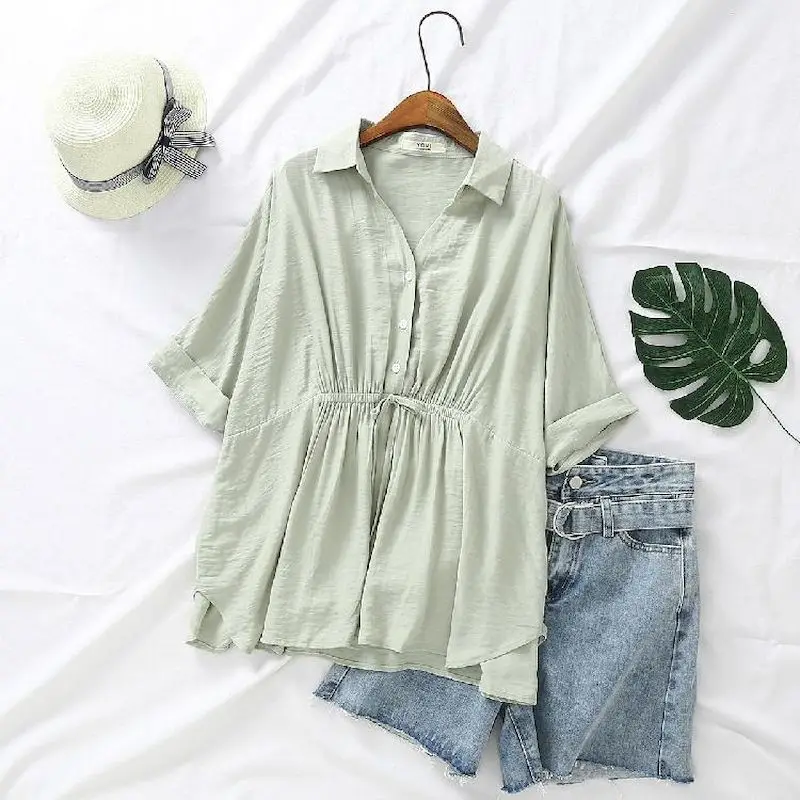 Korean Loose Blouses Women Fas - Short Linen Drawstring avis et prix