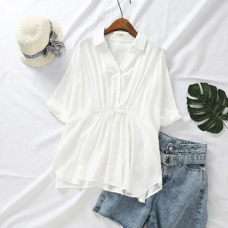 Korean Loose Blouses Women Fas - Short Linen Drawstring avis et prix