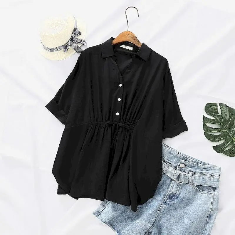 Korean Loose Blouses Women Fas - Short Linen Drawstring avis et prix