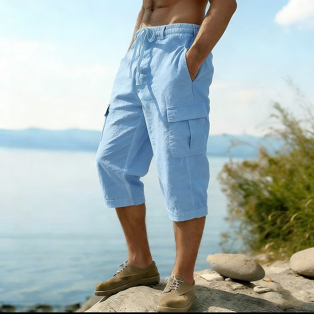 Men Summer Cotton Linen Shorts - Short Linen Drawstring avis et prix