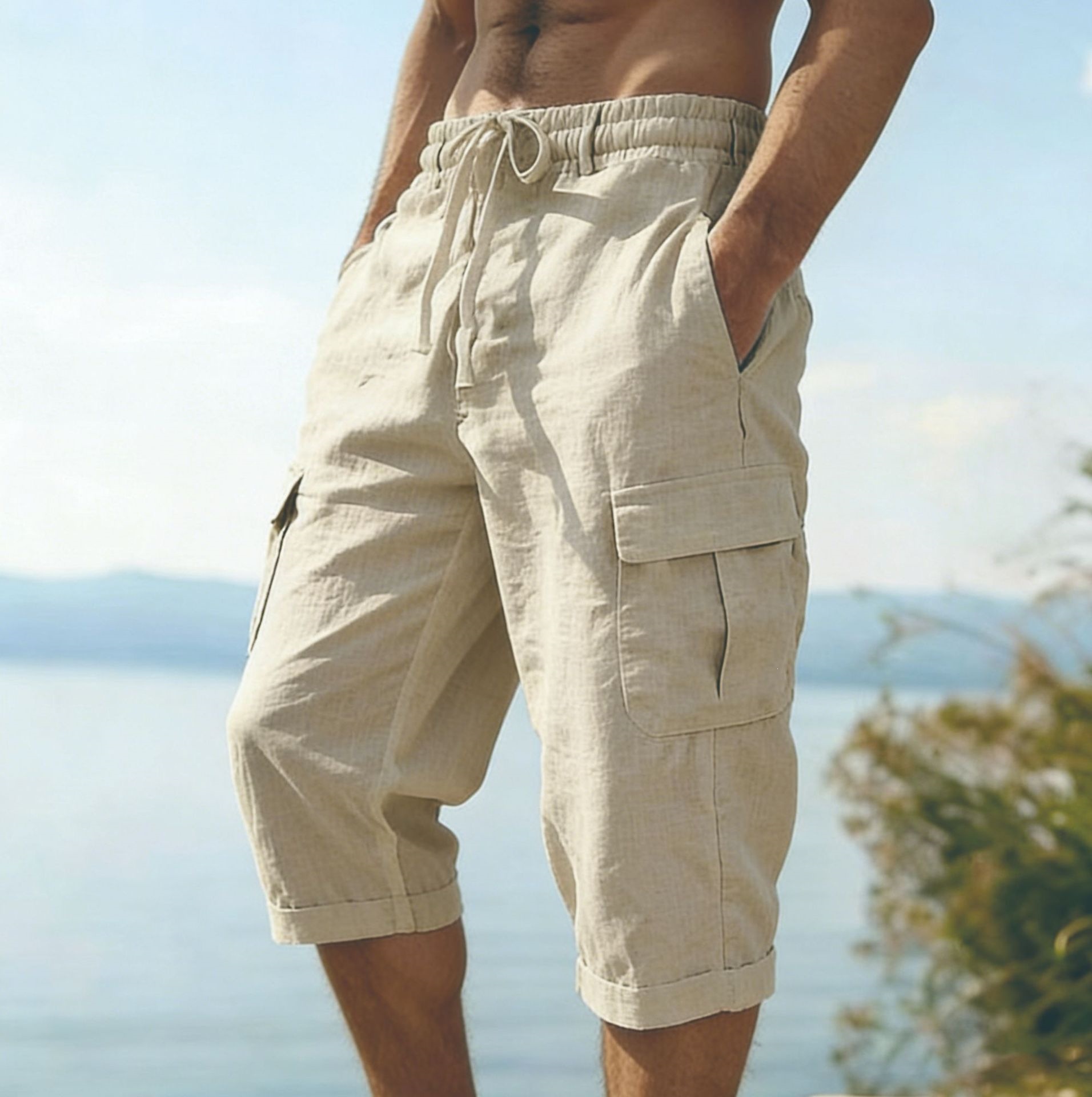 Men Summer Cotton Linen Shorts - Short Linen Drawstring avis et prix