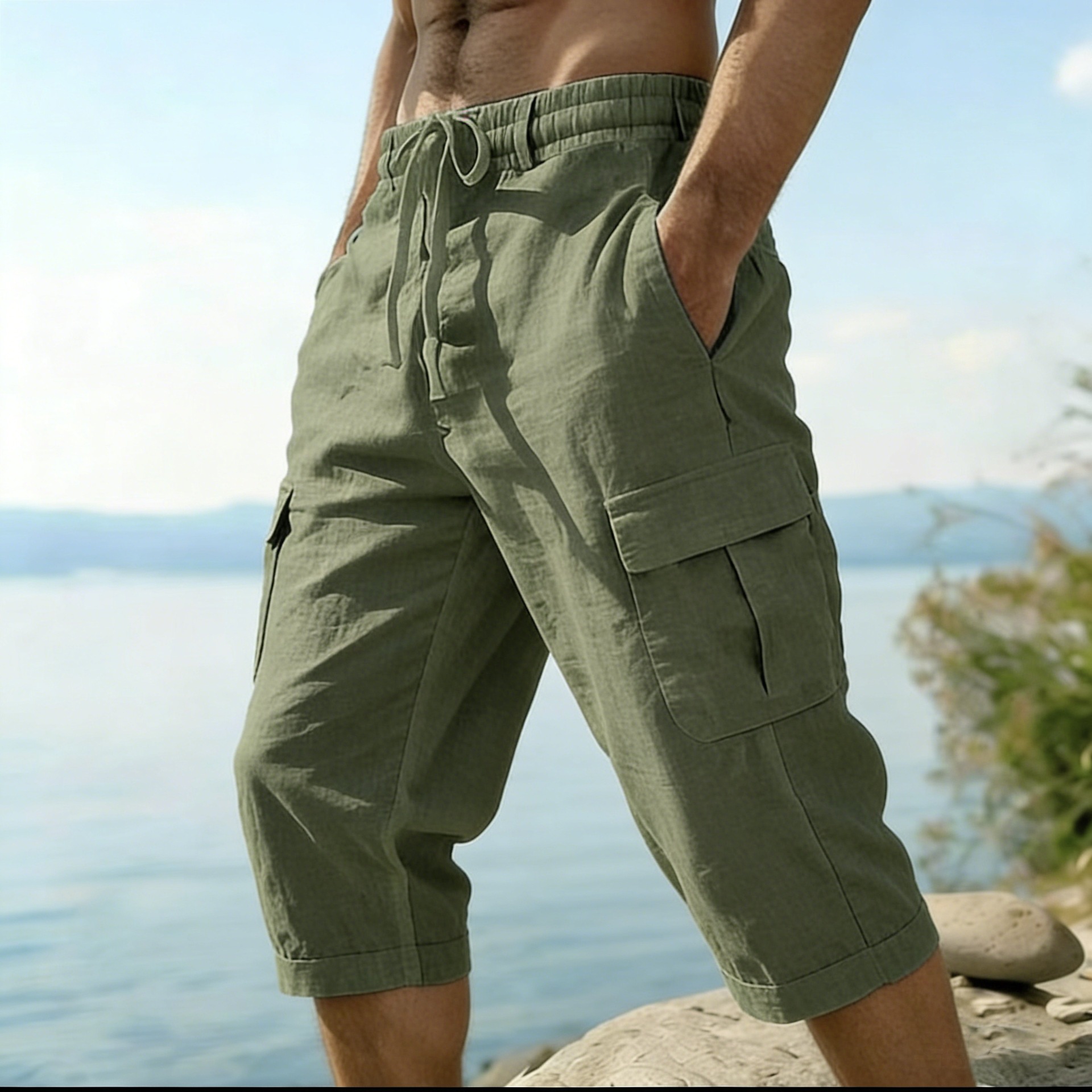 Men Summer Cotton Linen Shorts - Short Linen Drawstring avis et prix