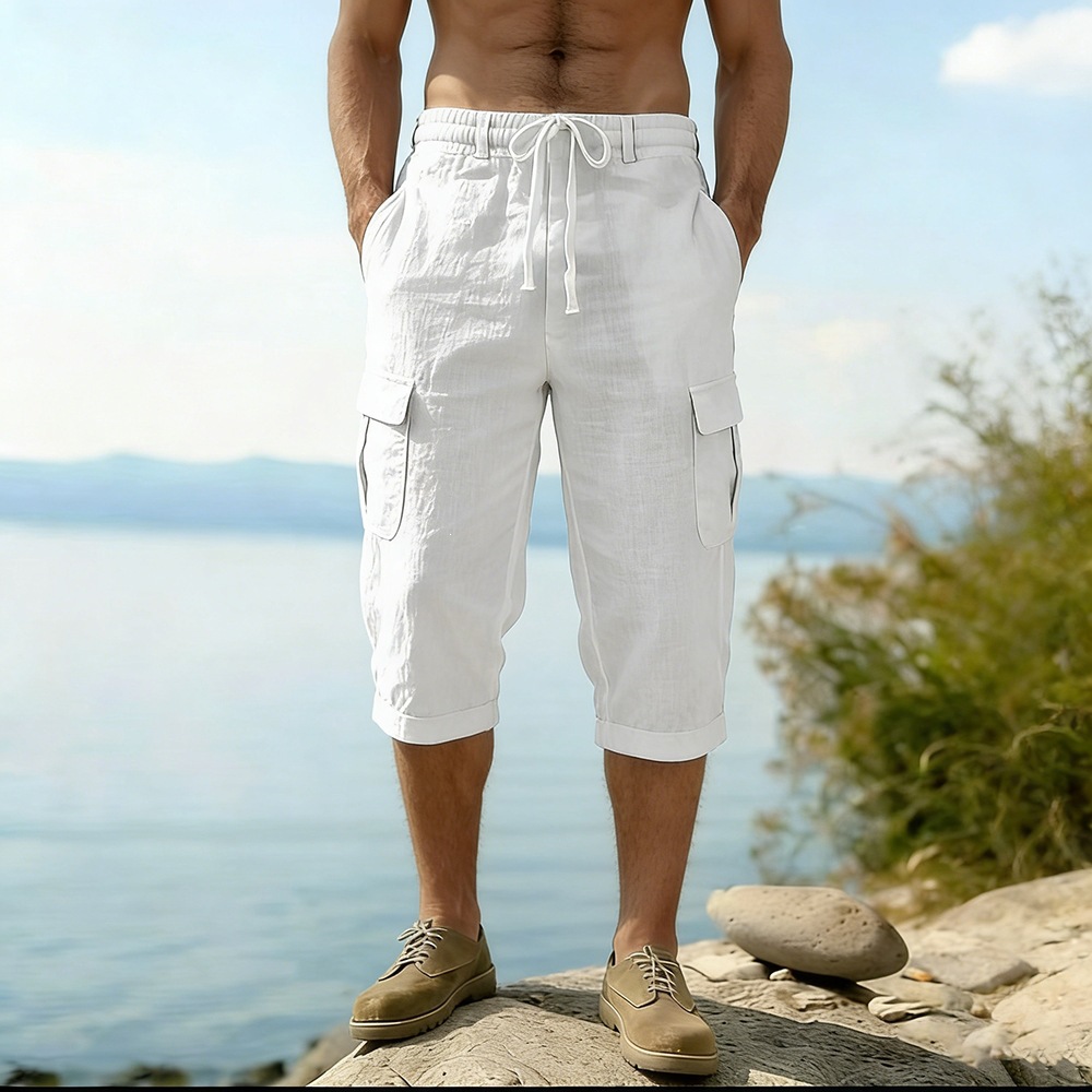 Men Summer Cotton Linen Shorts - Short Linen Drawstring avis et prix